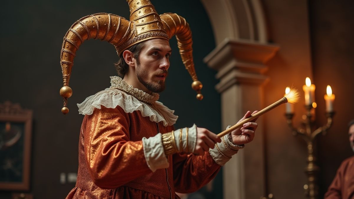 Bouffon médiéval réalisant des tours dans une cour royale.