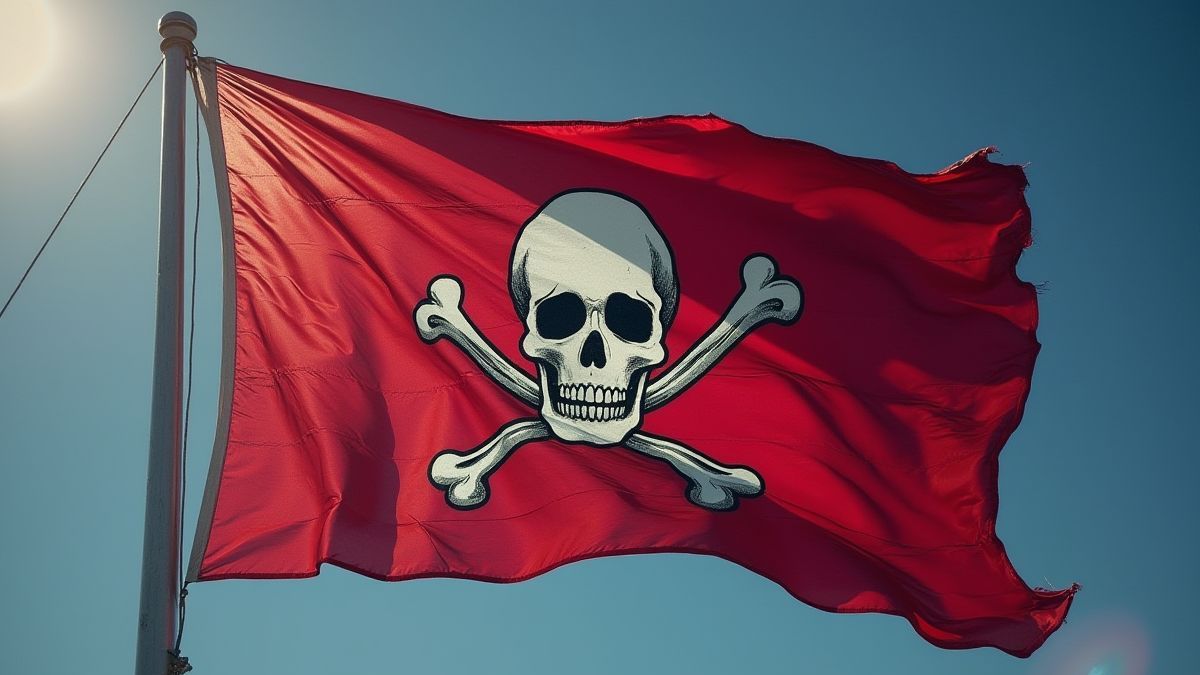 A pirate flag waving with a skull and crossbones.