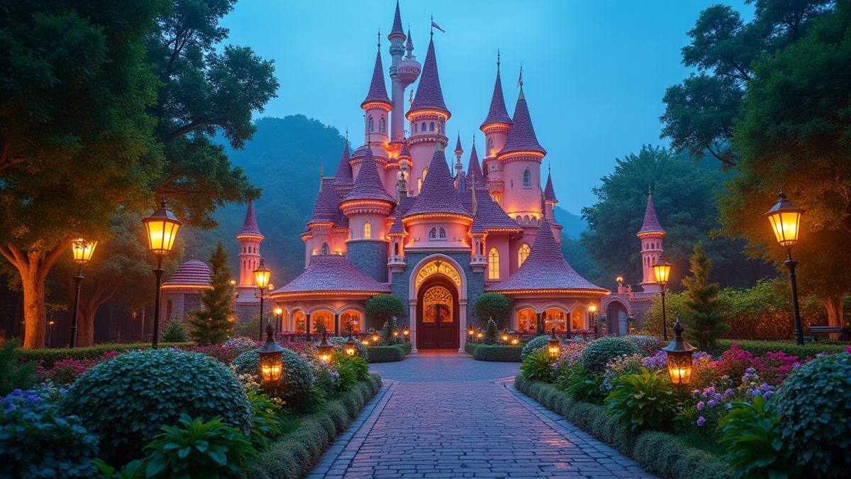 A colorful castle in a magical fairy tale setting.