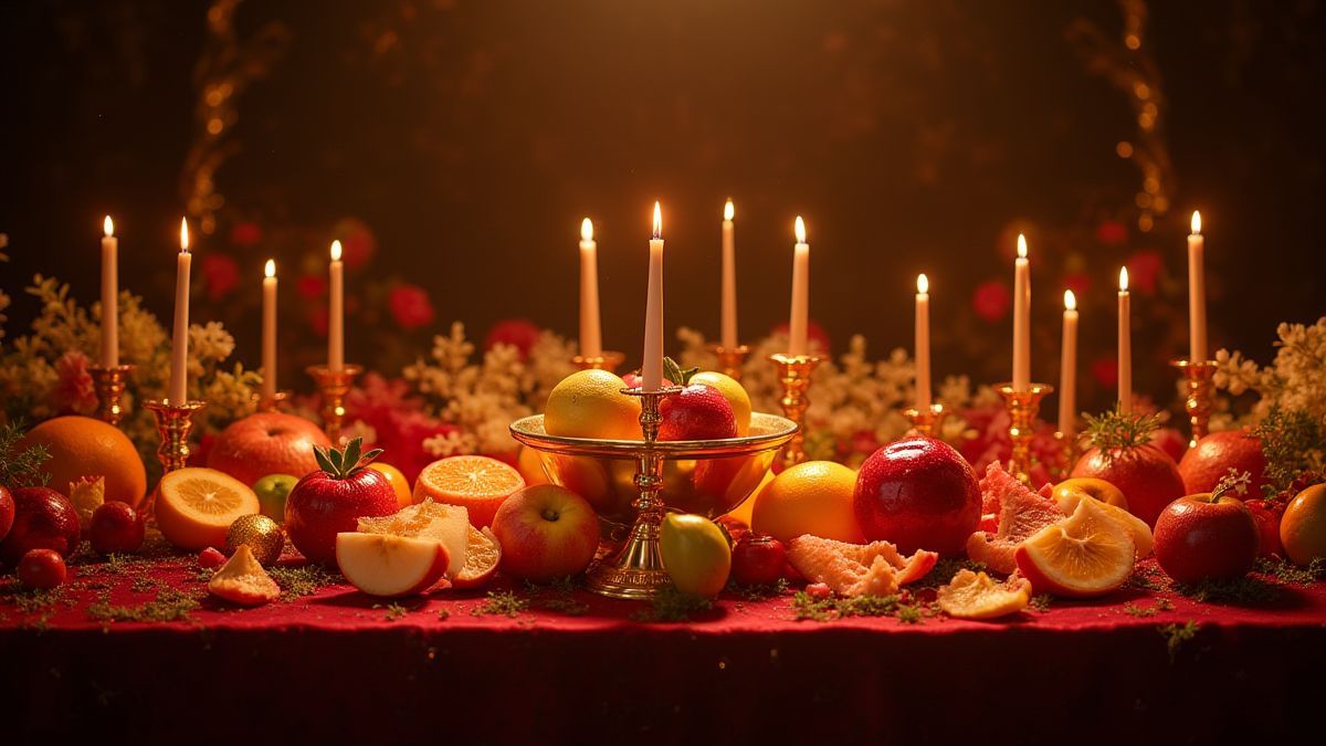 Koninklijke tafel met glanzende vruchten en fonkelende decoraties