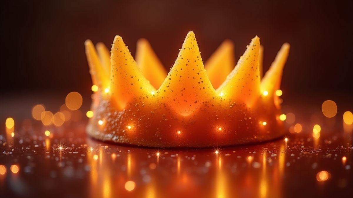 Glanzende fruitkroon omringd door fonkels in een koninklijke omgeving