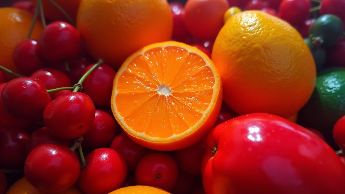 Vibrante Früchte, die mit Neonlichtern beleuchtet sind.