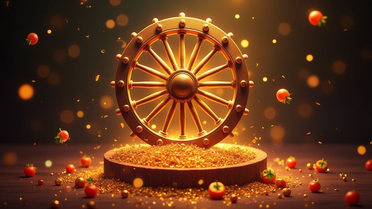 Magisches Rad umgeben von goldenen Glitzern und Obstsymbolen.