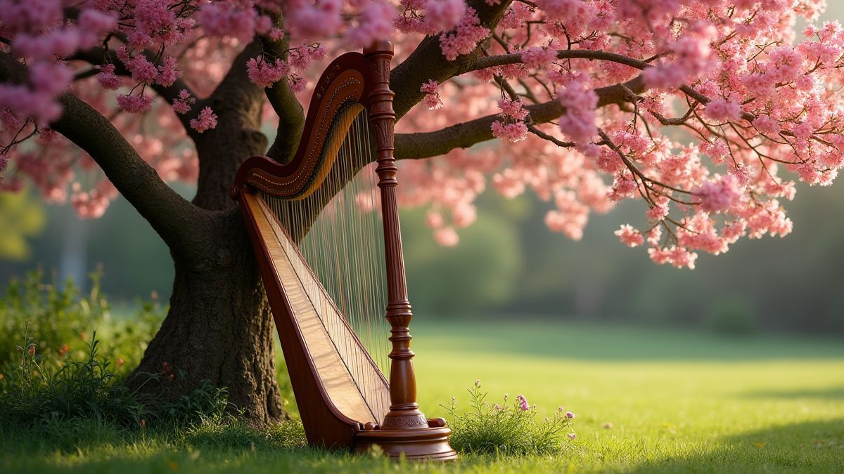 Harpe sous un arbre en fleurs