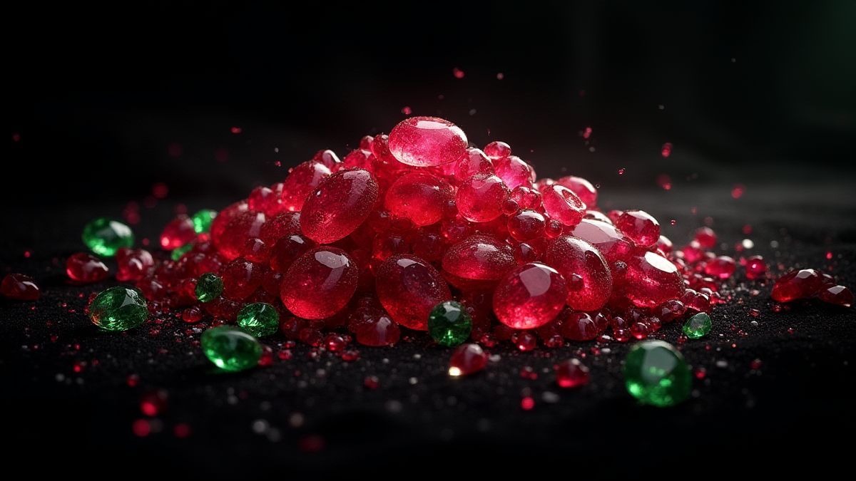 Gemas rojas y verdes brillando sobre un fondo de terciopelo negro.