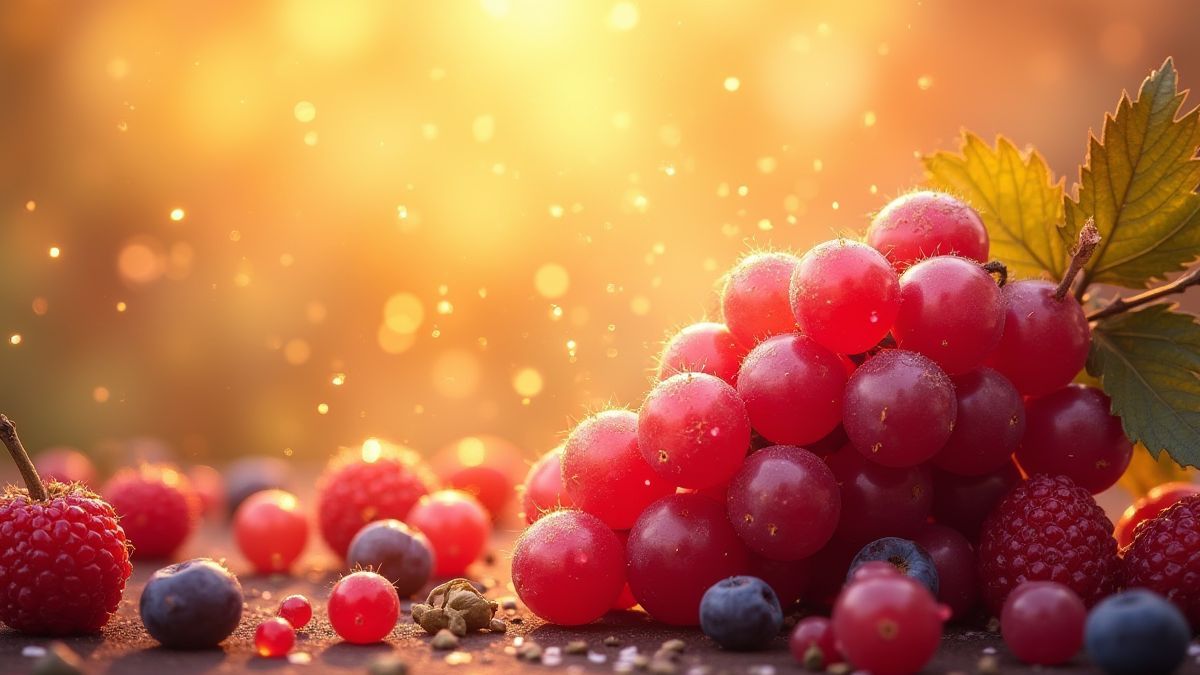 Sparkling grapes and berries on a glowing golden background.