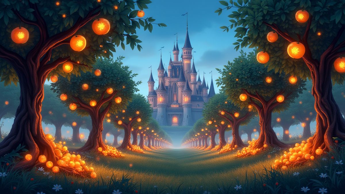 An enchanted orchard with bright fruits and a magical castle.