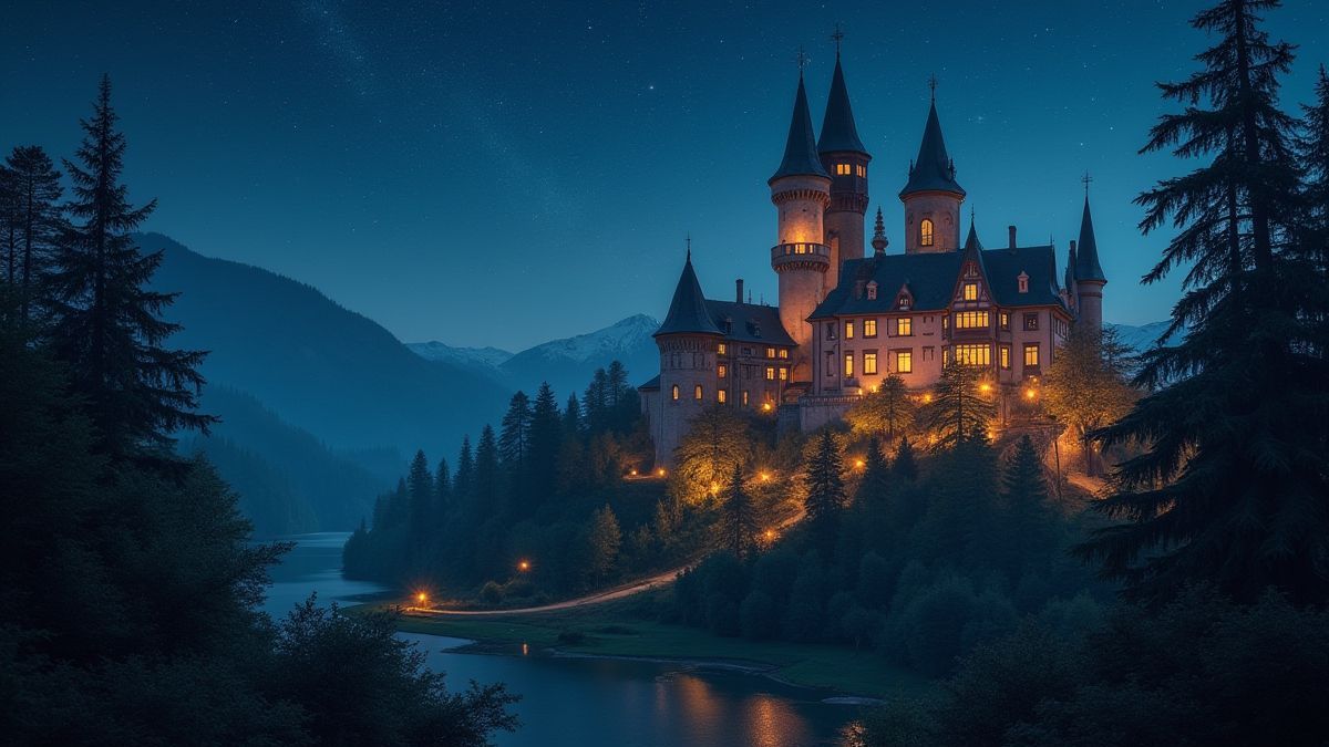Un château médiéval entouré par un bois illuminé sous une nuit étoilée.