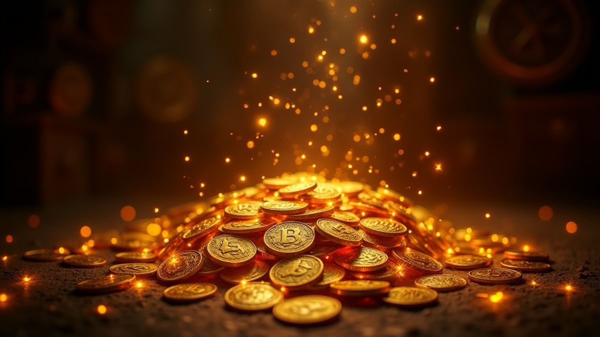 Un mont de pièces dorées brillant avec des effets magiques dans une salle du trésor médiéval.