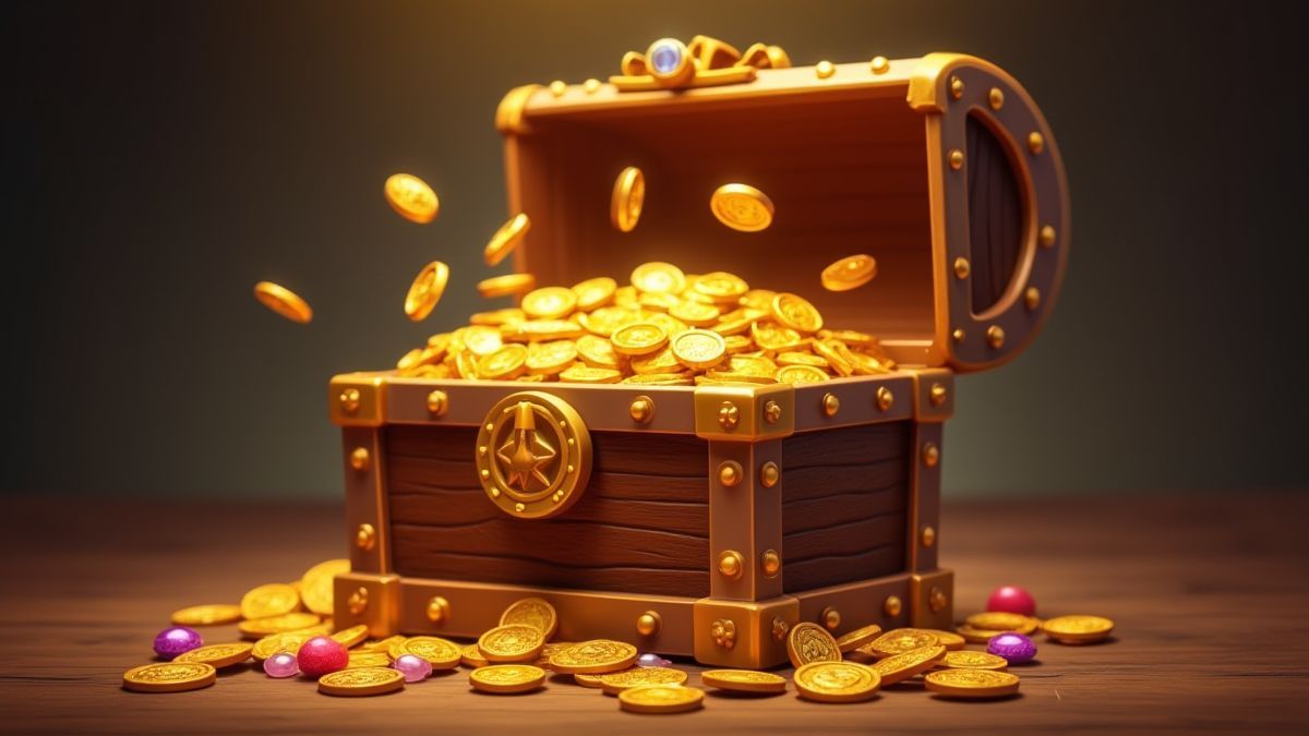 Un cofre del tesoro lleno de monedas de oro y joyas.
