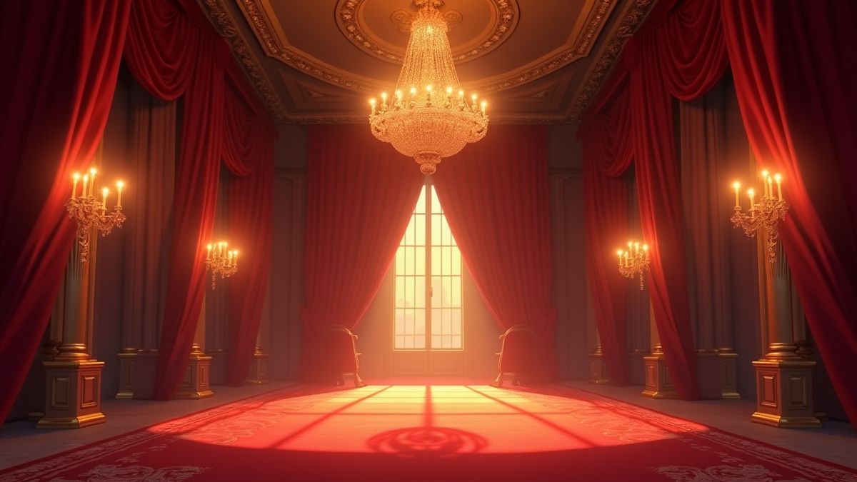 Un salón de baile real con candelabros y cortinas de terciopelo.