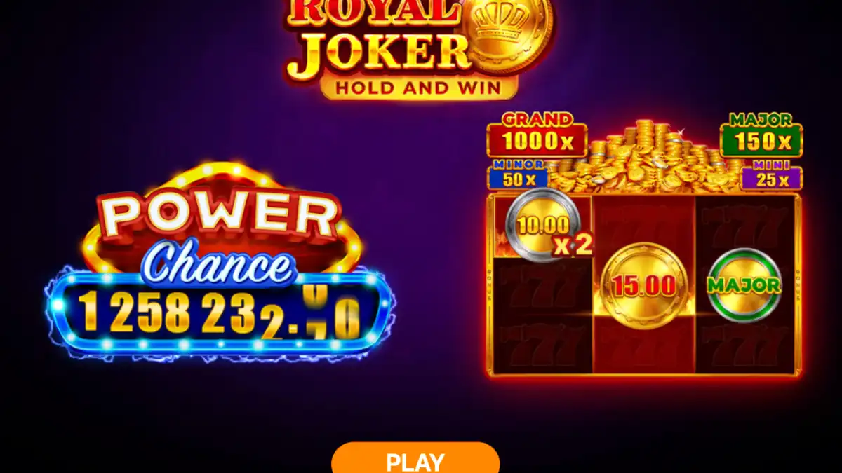 Introductiescherm van Royal Joker met de Power Chance-meter en Hold and Win-munten met Grand-, Major-, Minor- en Mini-prijzen