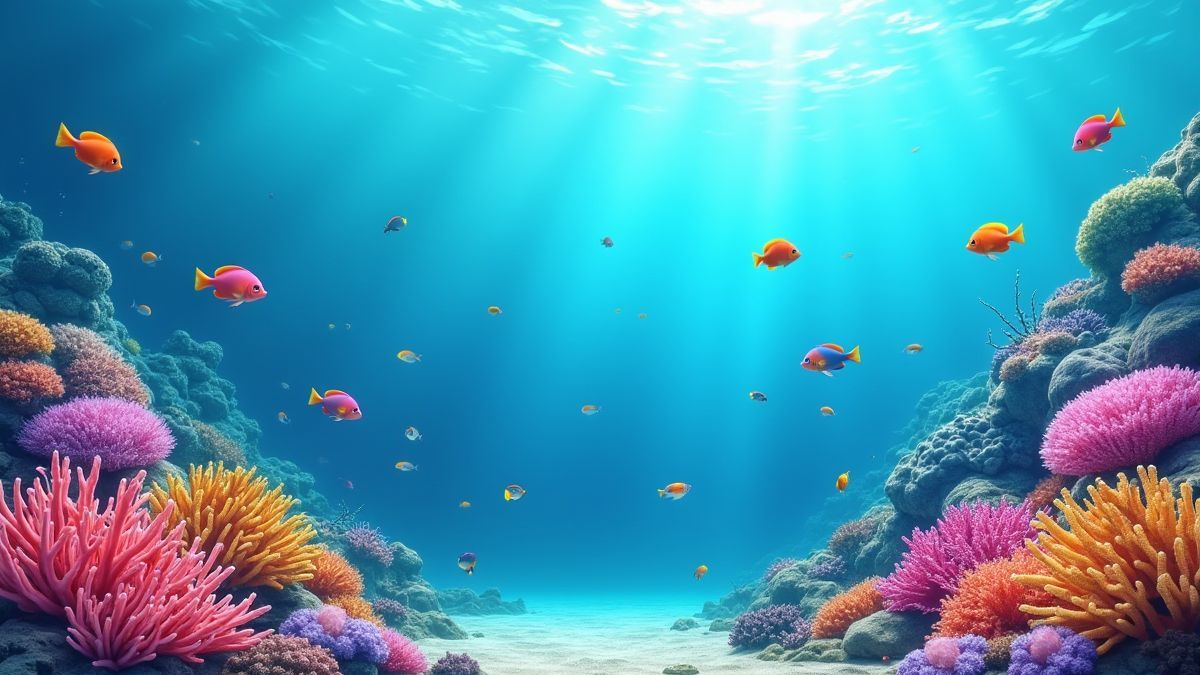 An underwater landscape filled with coral reefs and colorful fish.