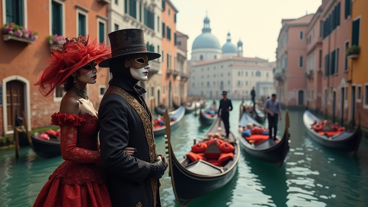Una escena de un canal veneciano con góndolas y figuras elegantes enmascaradas.