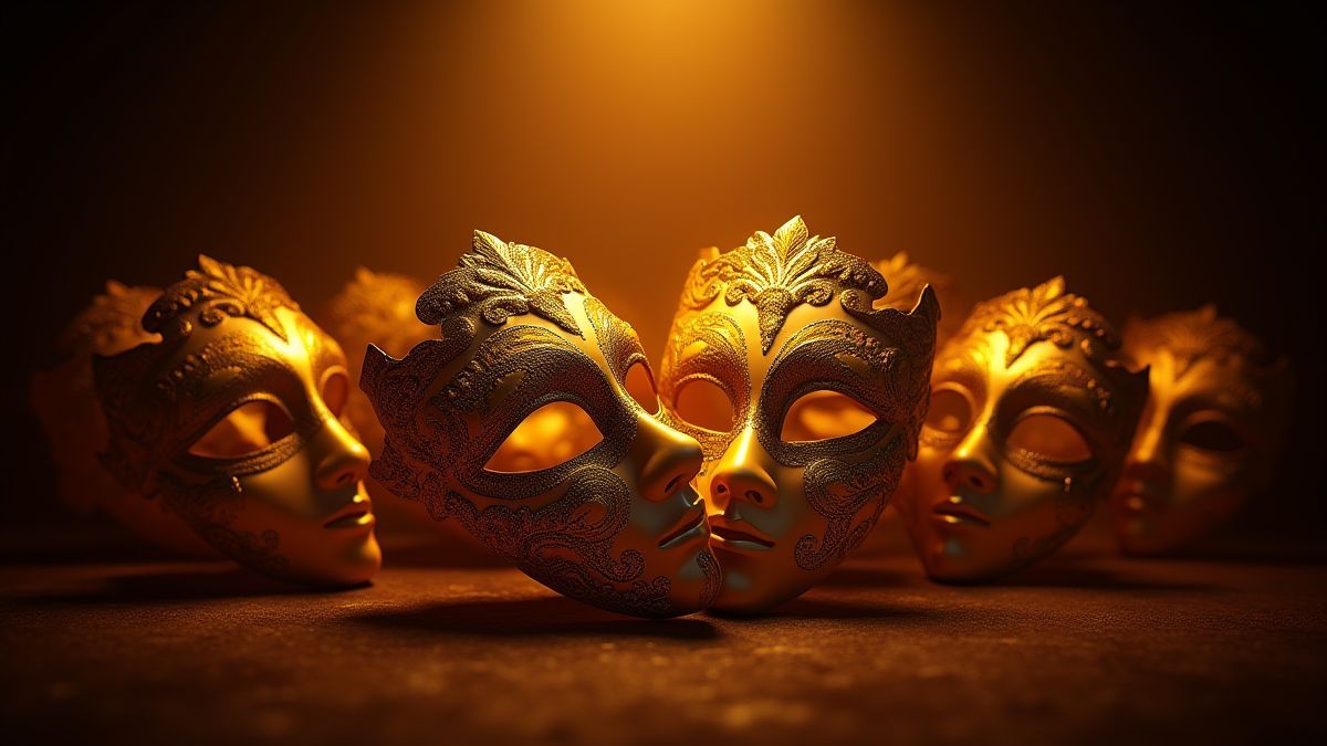 Máscaras venecianas doradas brillando bajo un foco.