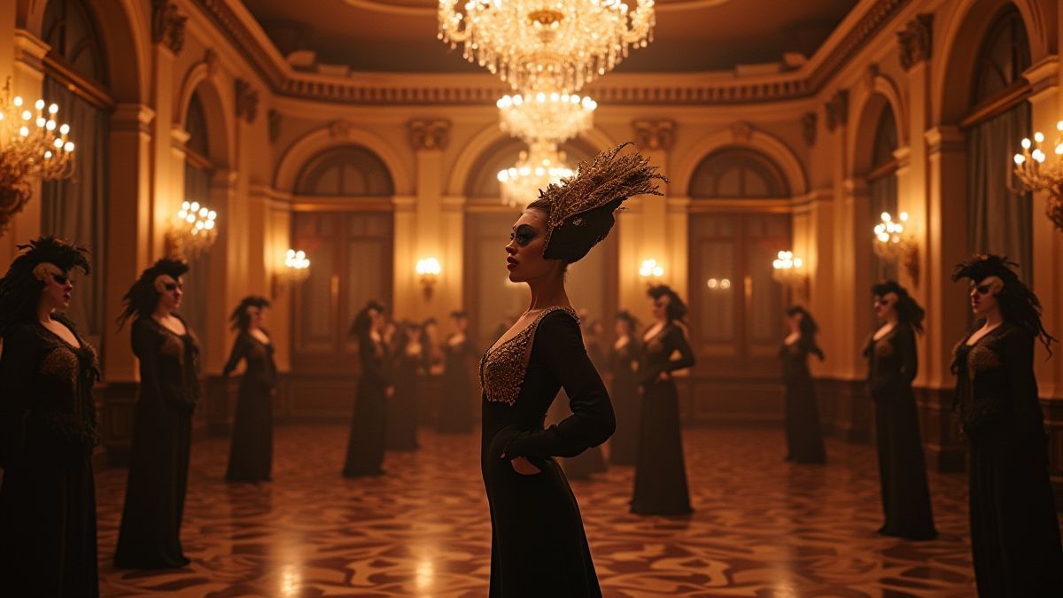 Un salón de baile veneciano con bailarines enmascarados.