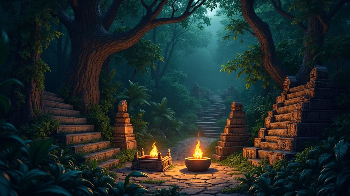 Oude Maya-artikelen die oplichten in een junglestelling.
