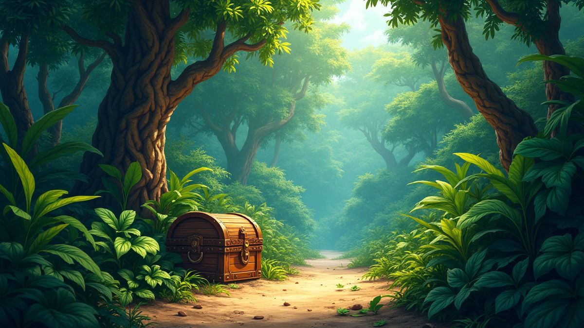 Vibrante Maya-jungle met schatkisten verborgen tussen de bomen.