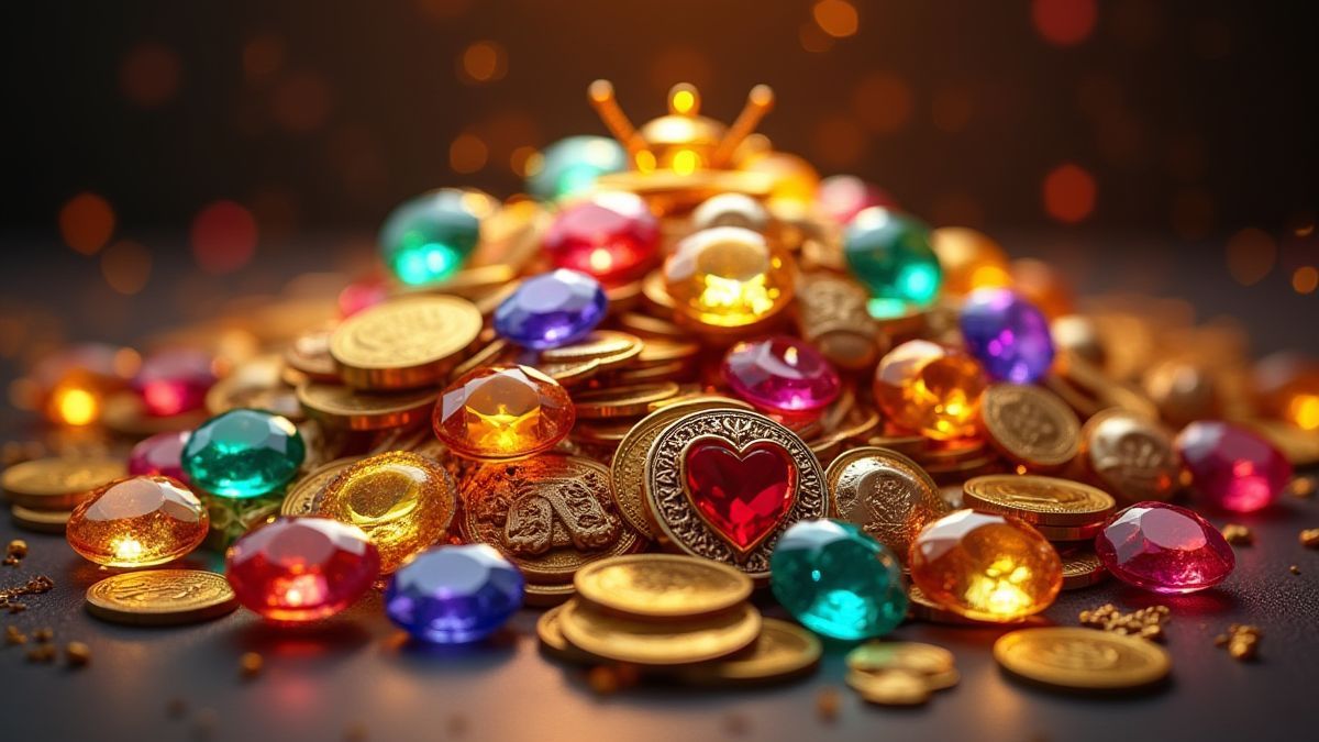Pile of sparkling gems and coins with royal symbols.