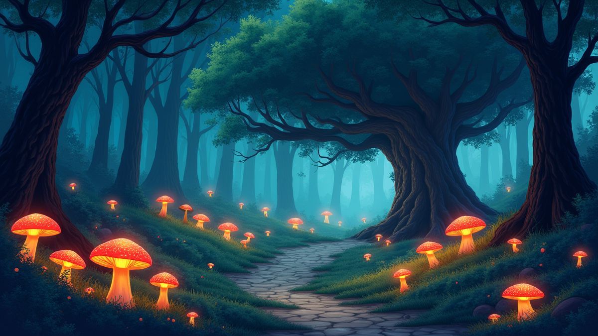 Uma floresta mágica com cogumelos brilhantes e um carvalho antigo