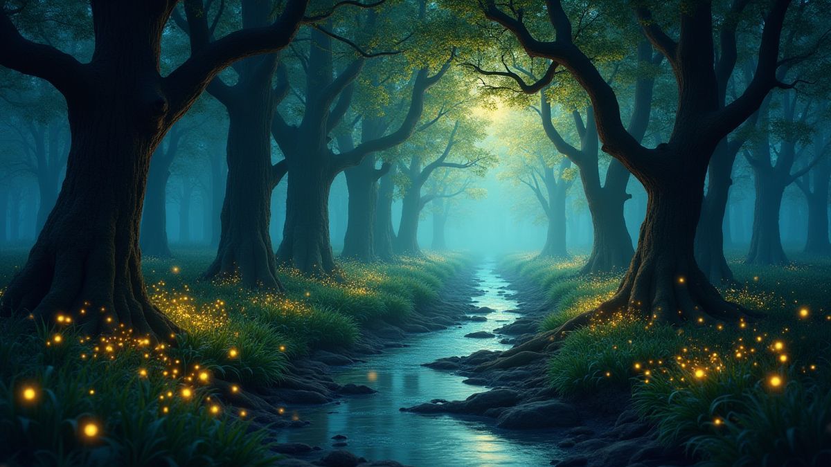 Uma floresta encantadora com vaga-lumes e um riacho cristalino
