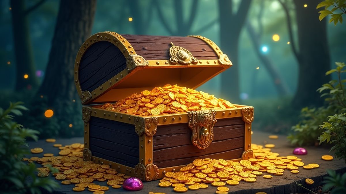 Um baú do tesouro cheio de moedas de ouro e joias