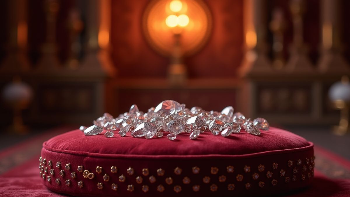 Diamantes brilhantes sobre um cojim de veludo em um palácio real.
