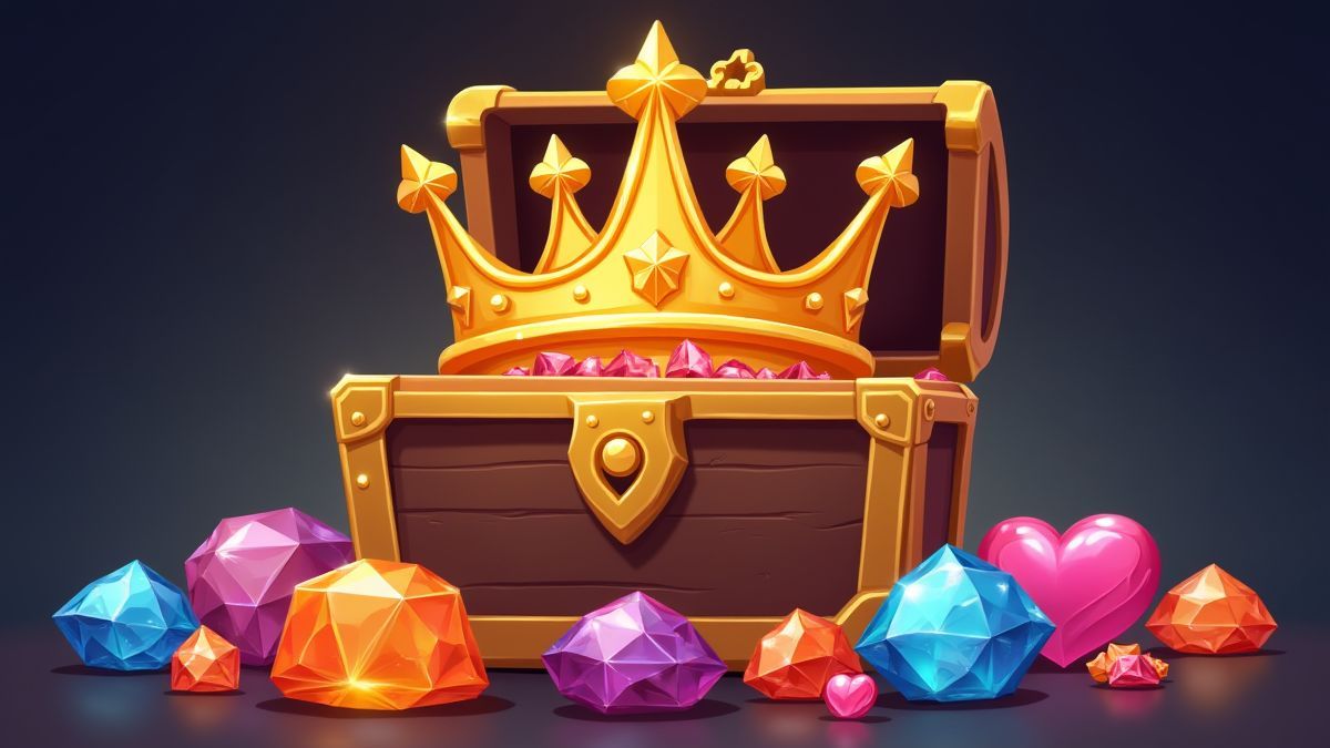 Uma coroa dourada cercada de gemas brilhantes em um baú do tesouro real.