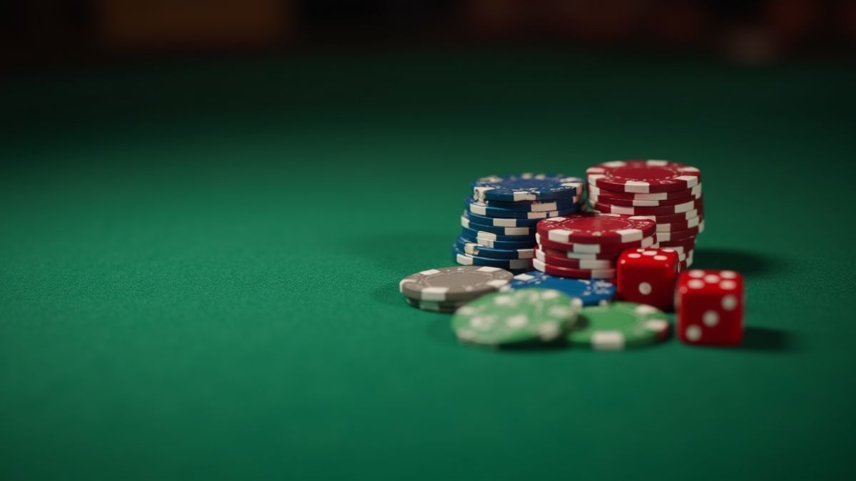 Chips and dice on a green gaming table.