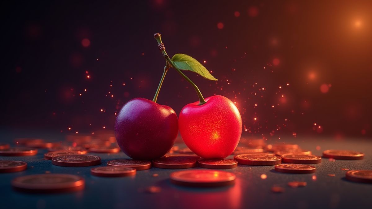Cerezas y ciruelas brillando junto a monedas en una mesa de casino.