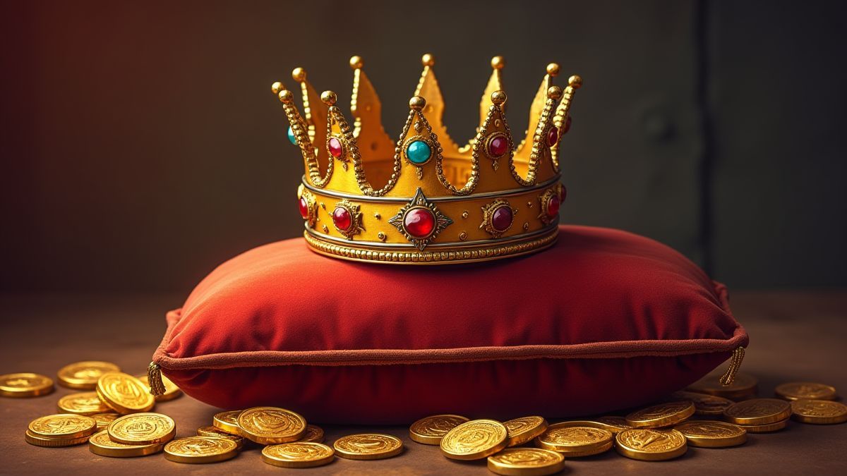Coroa medieval em um travesseiro de veludo rodeada de moedas de ouro.