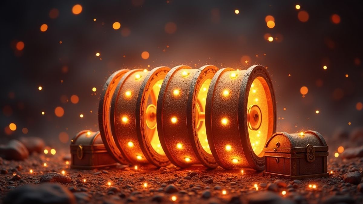 Rolos brilhantes rodeados de brilhos e baús do tesouro medieval.