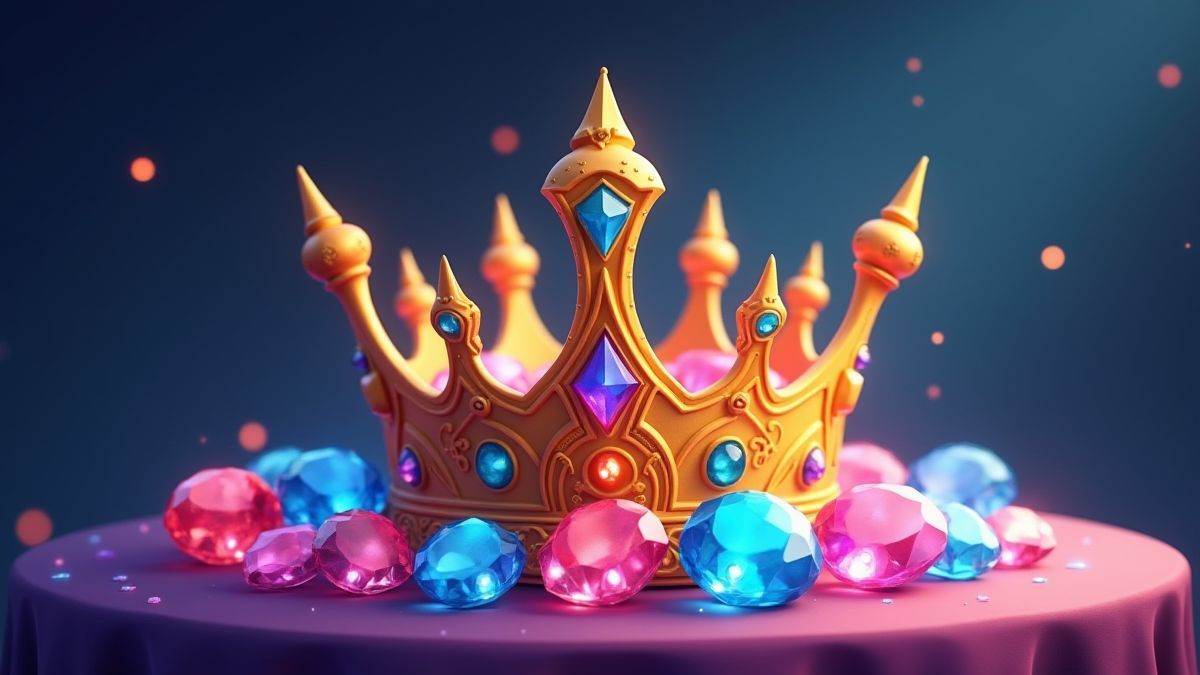 A royal crown surrounded by sparkling gemstones.