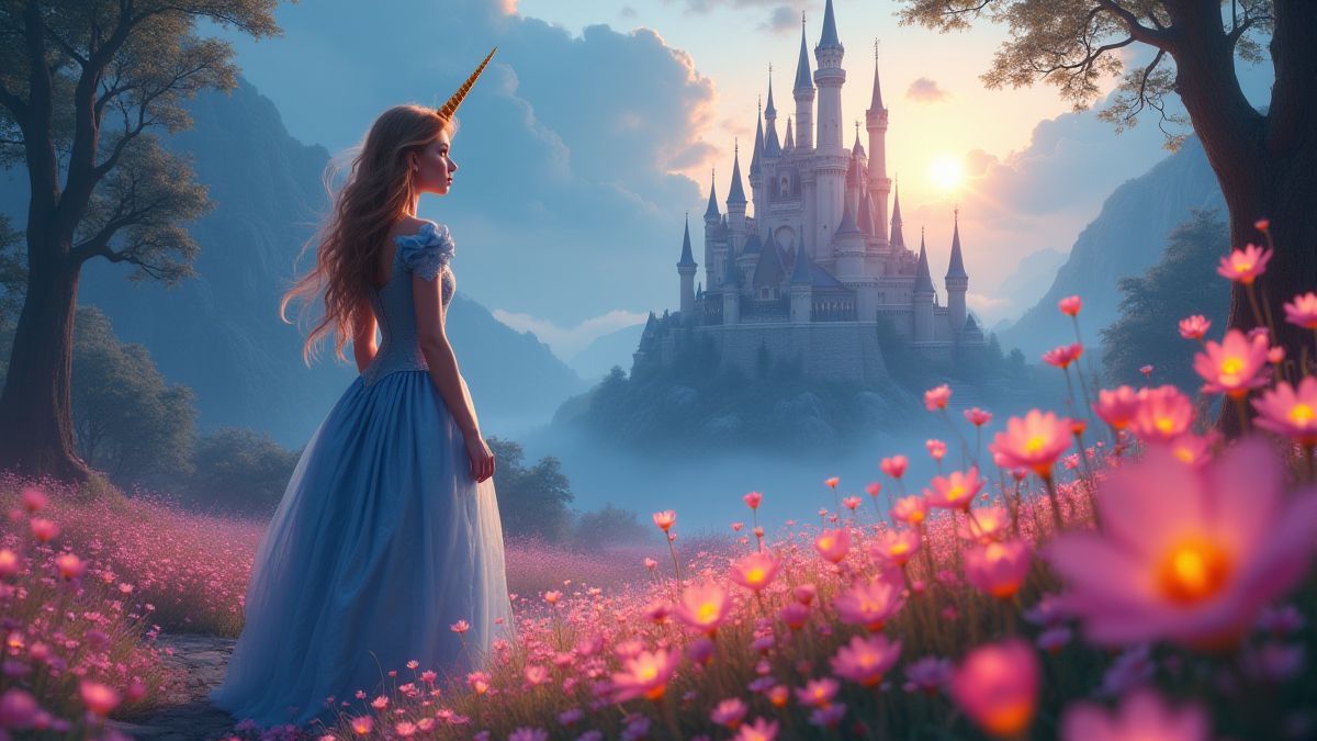 Prinses naast een kasteel met glinsterende bloemen en een eenhoorn op de achtergrond