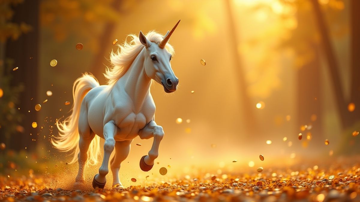 Gouden munten en magische schitteringen terwijl een eenhoorn galoppeert