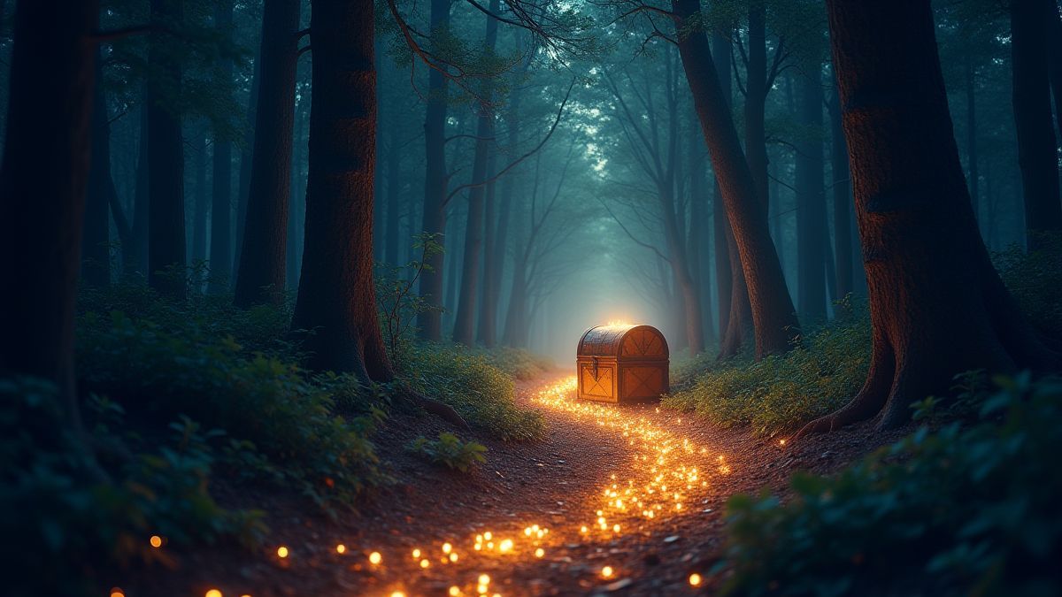 Pad in een magisch bos naar een verborgen schatkist