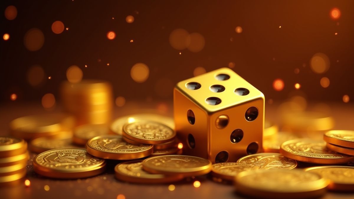 Dados dorados y monedas brillantes sobre un fondo real.