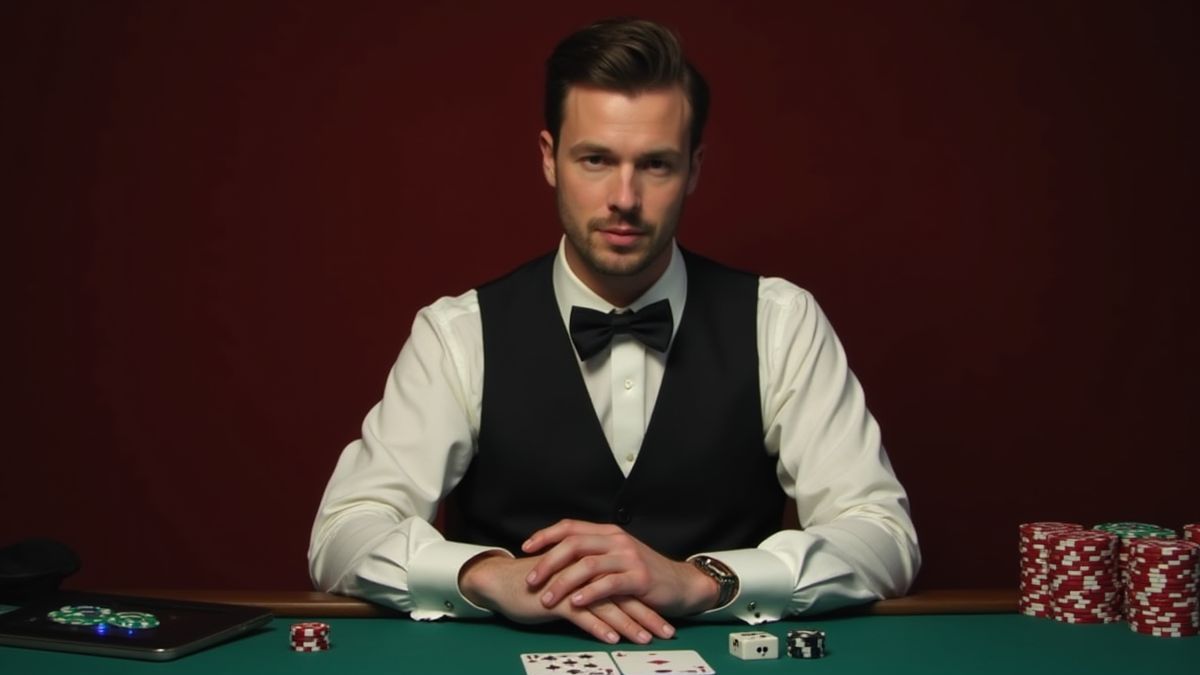 Jugador elegante en una mesa de casino con dados y fichas.