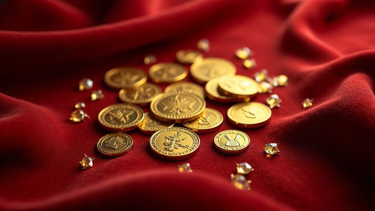 Monnaies dorées et bijoux sur du velours rouge.