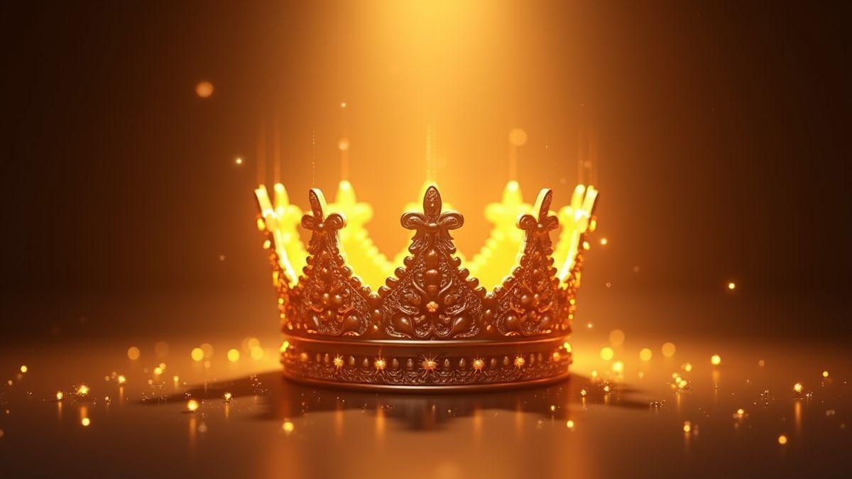 Een glanzende gouden kroon onder een koninklijke verlichting.