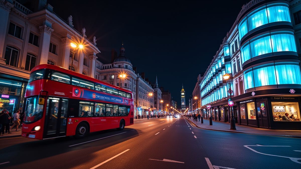 London street lit with neon and a red bus.