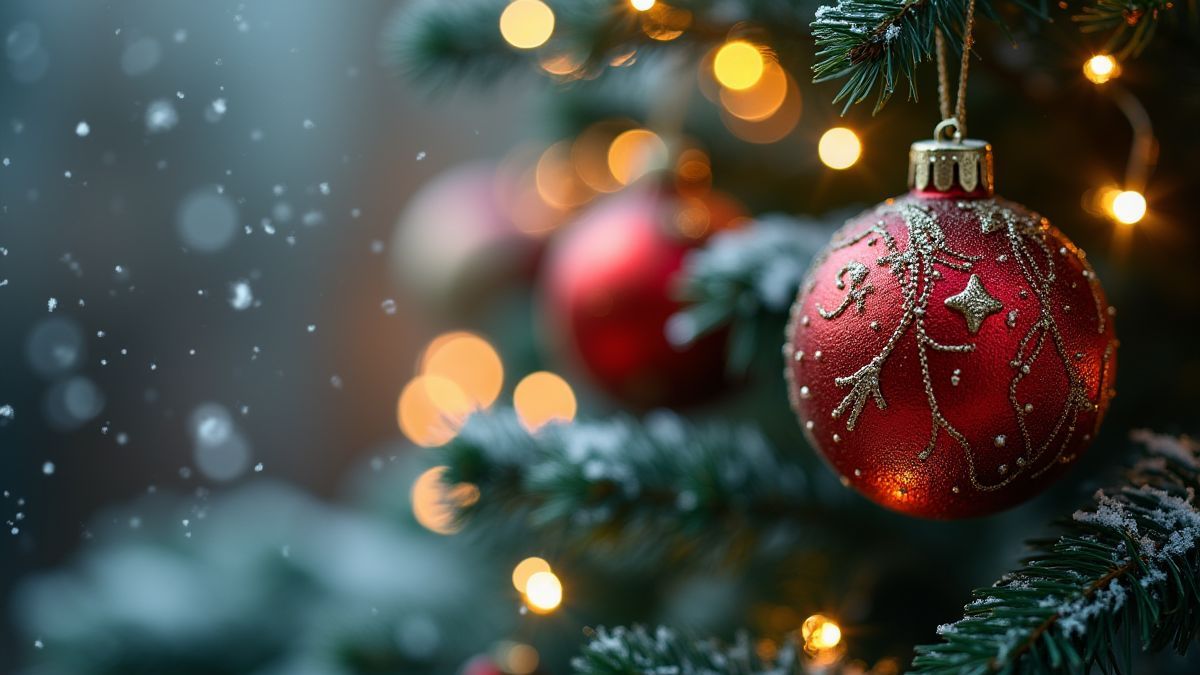 Adornos navideños colgando en un árbol con copos de nieve cayendo.