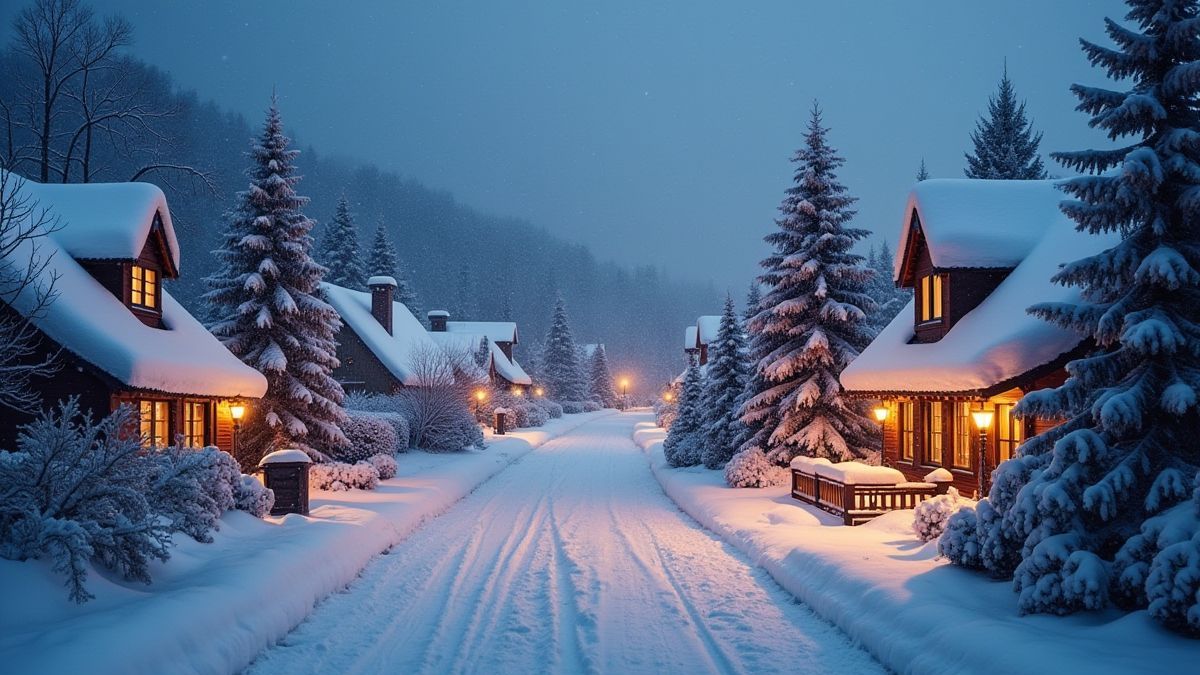 Besneeuwd kerst dorp met warme lichten in de ramen en besneeuwde daken.