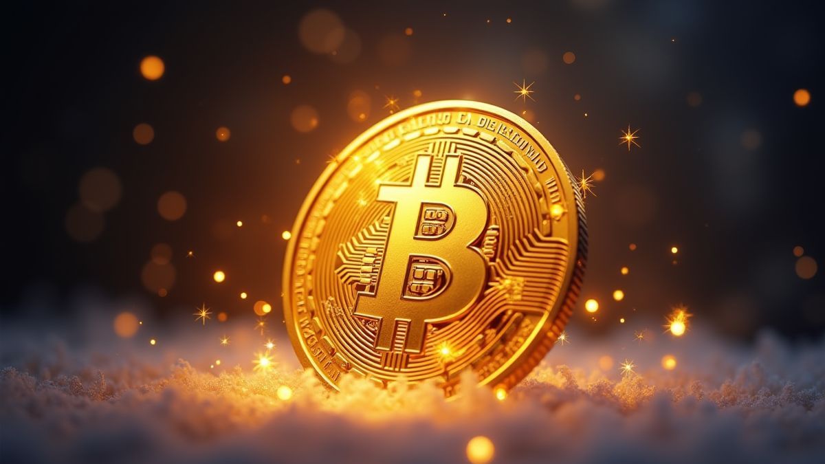 Gouden munt die straalt met feestelijke lichten.