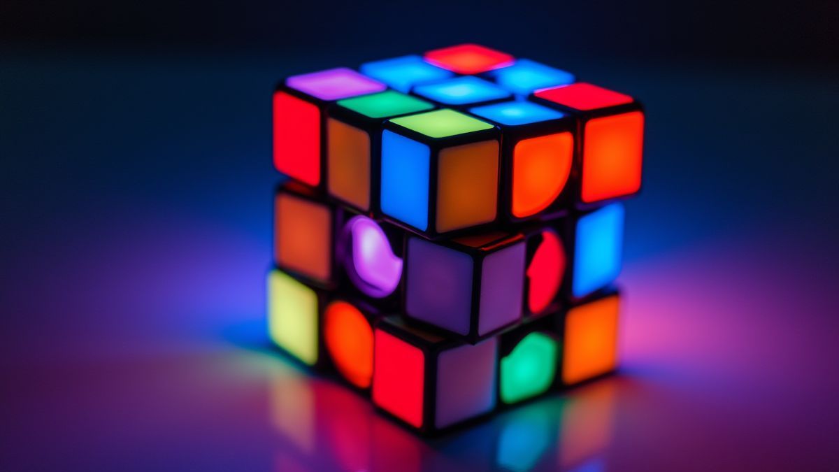 Ein Rubik-Würfel erleuchtet von Neonlichtern.
