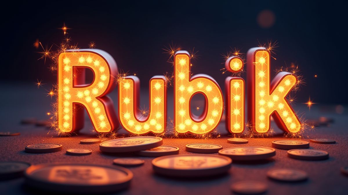 Leuchtende Buchstaben, die 'Rubik' formen, umgeben von Funken und Münzen.