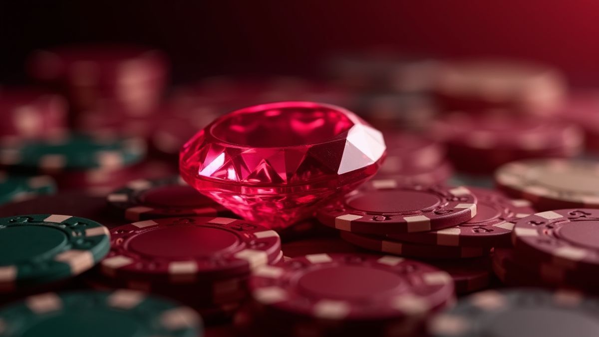 Ein strahlender Rubin, umgeben von Casino-Chips und Karten in einer eleganten Umgebung.