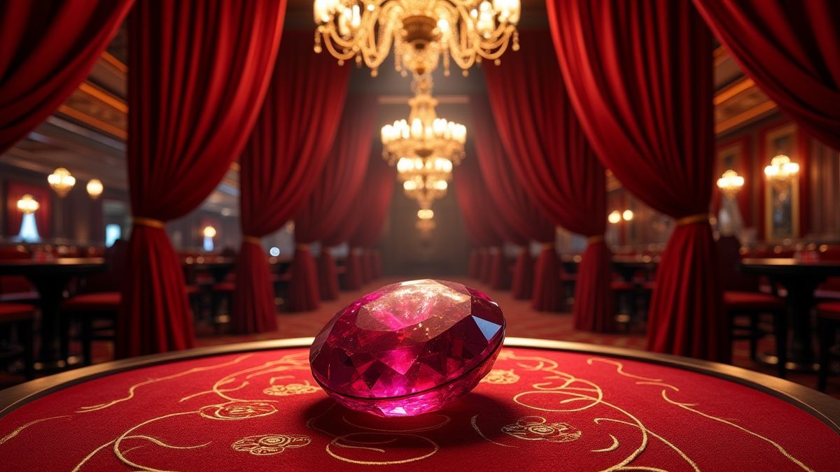 Ein luxuriöses Casino-Interieur mit Samtvorhängen, Kronleuchtern und einem Rubin als Mittelpunkt.