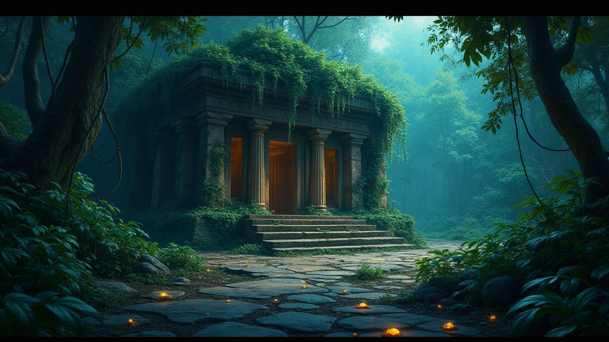 Temple ancien entouré de gemmes et de végétation