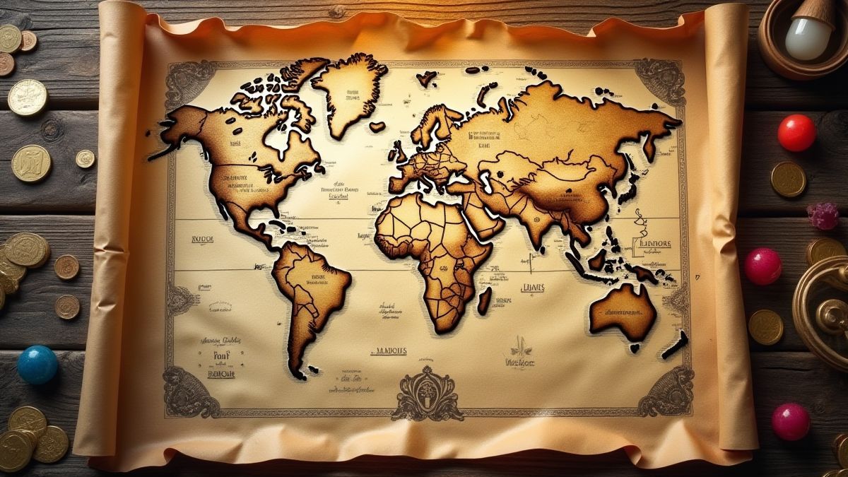 Carte au trésor avec des pièces et des gemmes